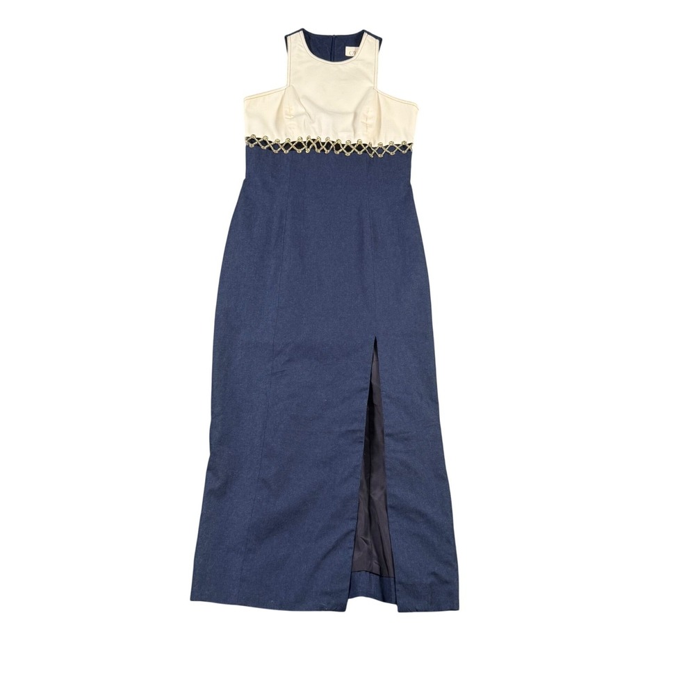 Cache Vintage Nautical Maxi Dress Navy Blue Cream Gold Lattice Cotton Size 8